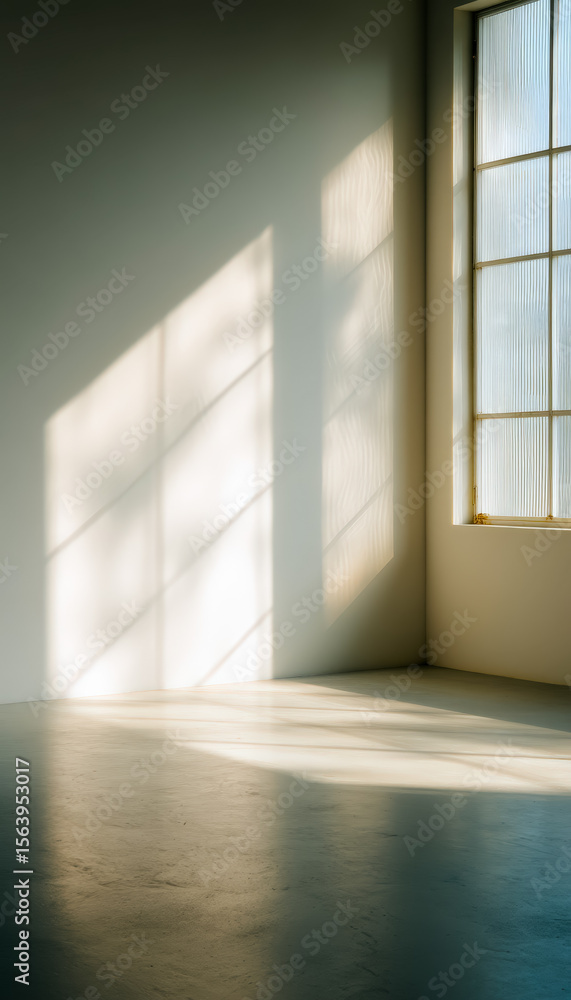 Fototapeta premium Sunlight casting geometric shadows inside a bright, empty room