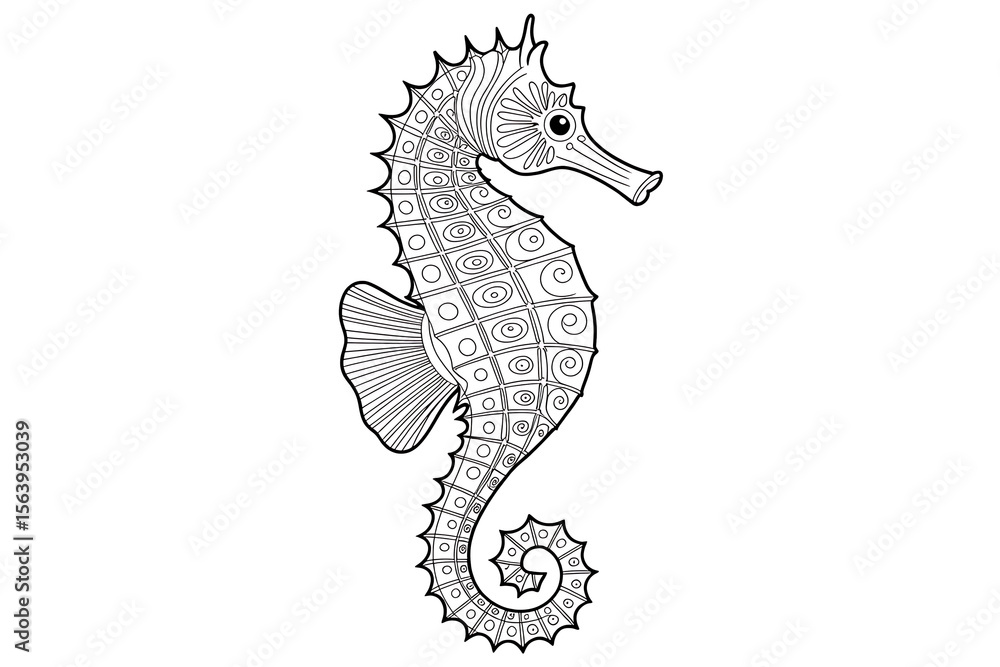 Fototapeta premium Ornate seahorse, detailed in black and white. 