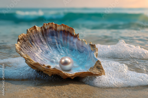 Lustrous pearl resting in a seashell on a sandy beach with ocean waves oyster