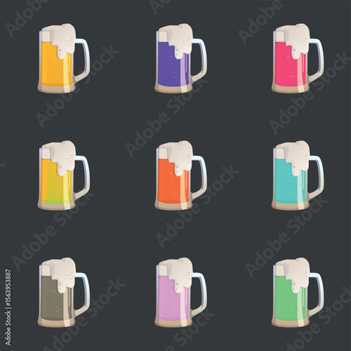 Set of 9 alcoholic beer foamy colorful cocktails - Vector illustration