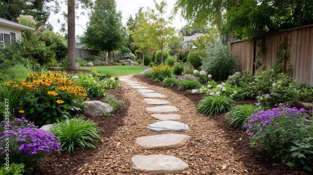 Fototapeta premium Serene garden pathway with colorful blossoms and lush greenery.