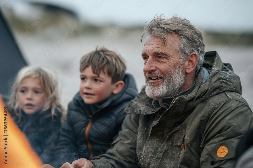 Grandfather telling stories to kids around campfire at night Grandfather telling stories to kids around campfire at night