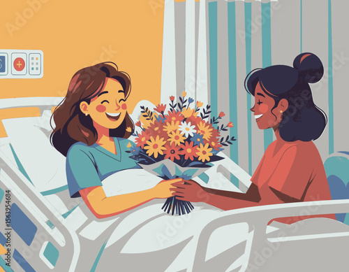 una mujer en el hospital recibe cariños de una amiga