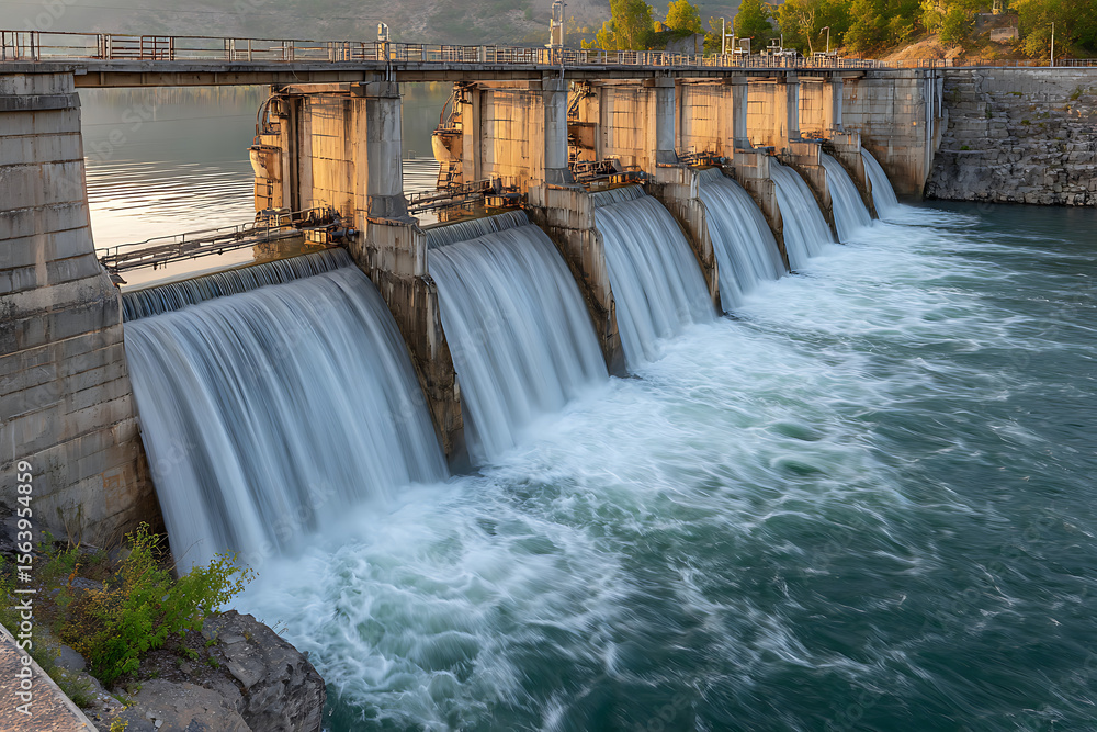 Majestic concrete dam with cascading water at sunset hydroelectric dam concrete structure Majestic concrete dam with cascading water at sunset hydroelectric dam concrete structure
