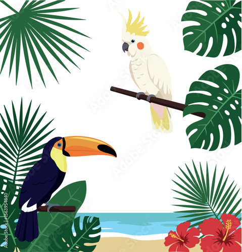 Tropical birds toucan and cockatoo with green leaves and red hibiscus flowers in beach setting vector illustration