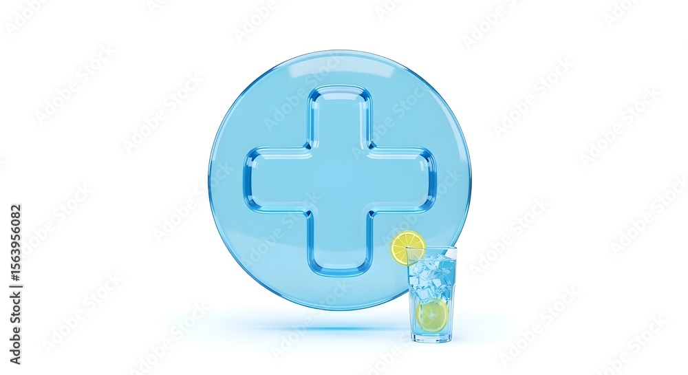 Obraz premium Isolated Blue Glossy 3D Plus Sign and Refreshing Drink for Health and Wellness Concept