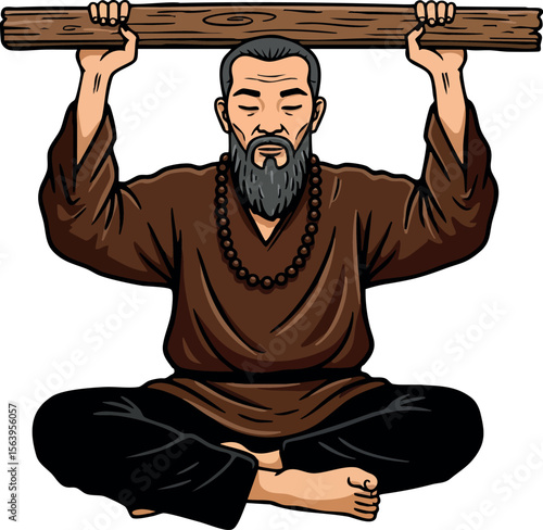 Meditating martial arts master holding wooden staff in traditional clothing vector illustration