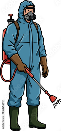Person in protective suit spraying disinfectant with backpack sprayer for sanitation and safety measures vector illustration