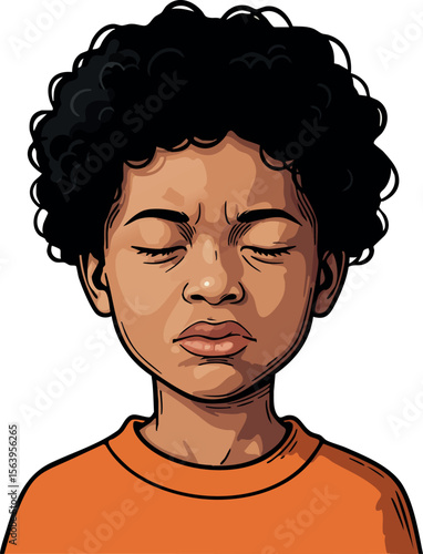 Boy with curly hair wearing orange shirt showing eyes closed and displeased facial expression vector illustration