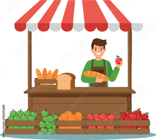 Farmer market stall selling fresh bread and fruits with smiling vendor holding apple vector illustration