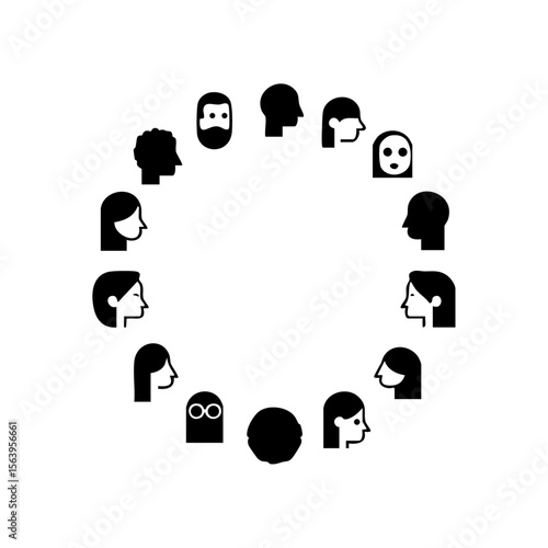 Black vector of various stylized human faces forming a circle, representing diversity, inclusion, unity, and global community in a minimal design.
