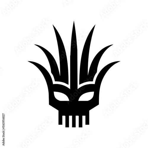 Minimalist black vector combining a corn harvester head and stylized mask elements, symbolizing agriculture, indigenous roots, and cultural identity.
