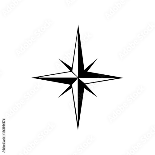 Minimalist black vector of a four-pointed compass star, representing navigation, direction, guidance, and exploration with a sleek geometric style.
