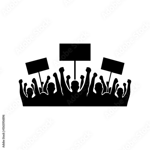 Black vector silhouette of a protest crowd holding signs and fists raised, symbolizing activism, resistance, and collective demand for change.
