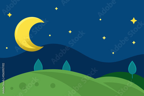 cartoon night sky hills glowing stars