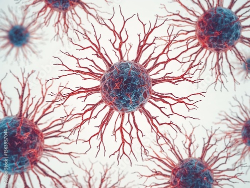 Microscopic view of cells with branching structures in a cluster on a white background image