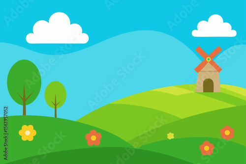 cartoon landscape rolling green hills windmill