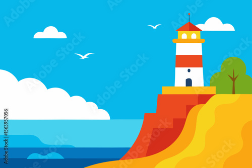 cartoon lighthouse cliff ocean illustration