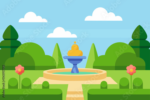 cartoon garden trimmed hedges flower beds