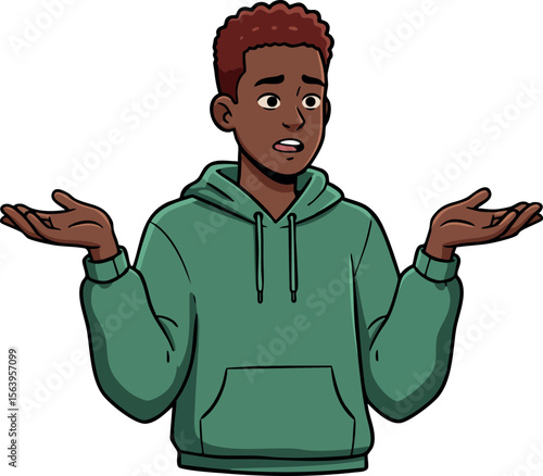 Young man shrugging shoulders in green hoodie expressing confusion or uncertainty in vector cartoon style