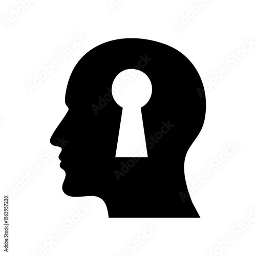 Minimalist black vector of a side-view human head with a keyhole, symbolizing knowledge access, mental security, and protected thoughts.
