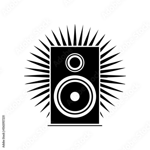 Minimalist black vector of a speaker emitting radiating sound waves, symbolizing music, volume, broadcasting, and powerful sound.
