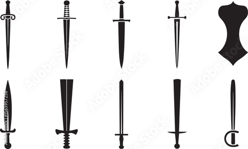 Sword Icons Dagger Blade Broadsword Fantasy Shield Combat Weapon Silhouette Shape Black Vector Set
