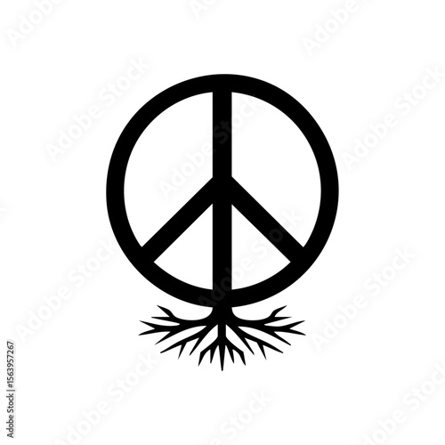 A peace symbol emerging from natural roots in minimalist black design, representing deep-rooted harmony, activism, and ecological peace.

