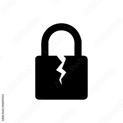 Minimalist icon of a padlock with a visible crack down the center, symbolizing security breach, data vulnerability, or broken protection.


