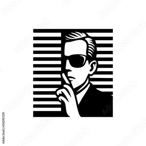 Minimalist icon of a person in sunglasses making a silence gesture behind blinds, representing secrecy, privacy, observation, or covert activity.

