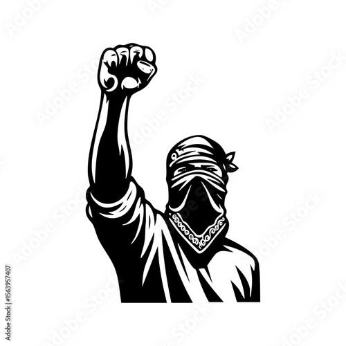 Vector logo of a protester wearing a bandana and raising a clenched fist, representing defiance, unity, and revolutionary spirit in street activism and resistance movements.

