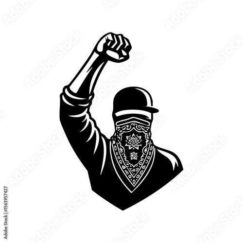 Minimalist black vector illustration of a masked protester raising a fist from behind, symbolizing rebellion, empowerment, and anonymity in activist movements.

