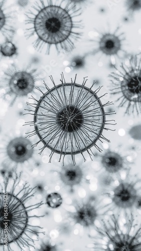 A close up of multiple abstract circular shapes with radiating lines on a light background pattern