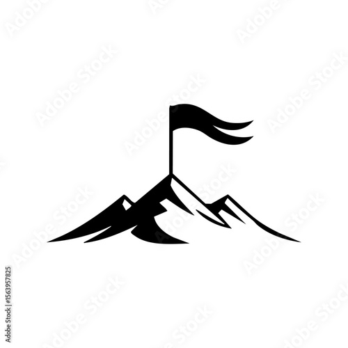 Vector logo of a mountain summit with a flag, representing perseverance, leadership, and reaching the pinnacle of goals.

