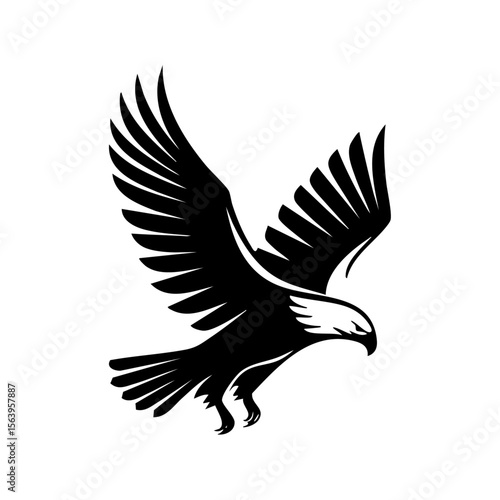 Minimalist black vector logo of an eagle soaring with spread wings, symbolizing freedom, power, and vigilance in a sleek graphic style.

