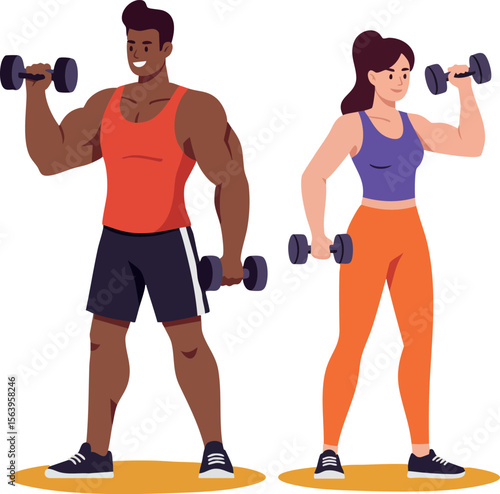 Muscular man and fit woman exercising with dumbbells in gym workout session for strength training and fitness lifestyle