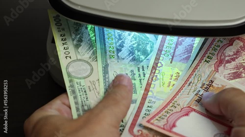 Examination of nepalese rupee (NPR) cash money with UV counterfeit detector. Concept of authenticity check, fight against counterfeiting of banknotes, anti fraud measures in Nepal. Close up view.