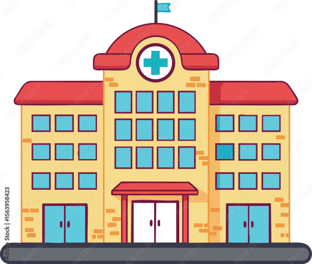 Hospital building with red roof and medical cross symbol vector illustration in flat style Hospital building with red roof and medical cross symbol vector illustration in flat style