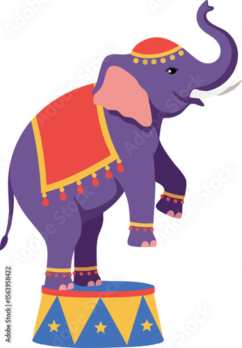 Purple circus elephant balancing on colorful decorated platform with red and yellow cloth and festive tassels vector illustration