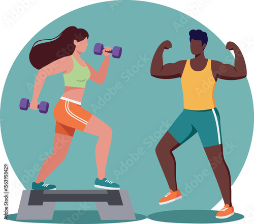 Fitness workout session with man and woman exercising with dumbbells and step platform in gym environment
