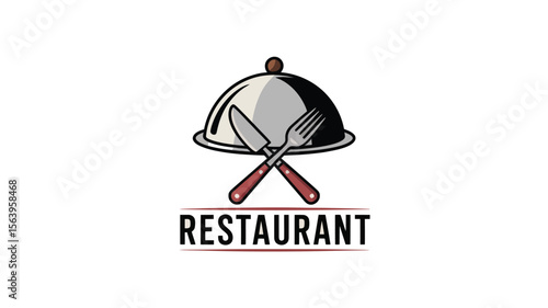 Restaurant logo with silver platter knife and fork crossed over the word restaurant on white background