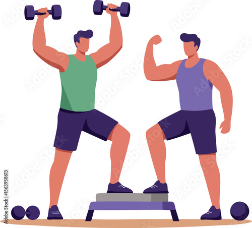 Two men doing weight training exercises with dumbbells and step platform for fitness and muscle building