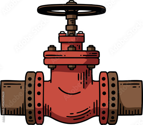 Industrial red water valve with brown pipes mechanical engineering and plumbing equipment vector illustration