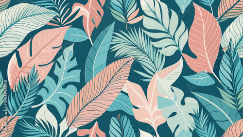 Seamless Botanical Tropical Leaf Pattern in Hand-Drawn Pastel Style