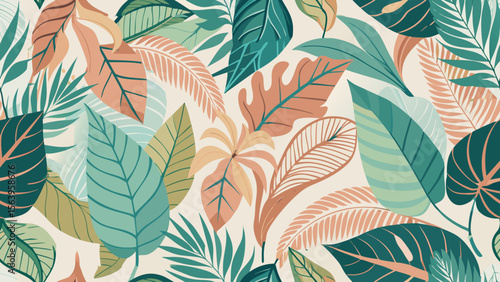 Seamless Botanical Tropical Leaf Pattern in Hand-Drawn Pastel Style