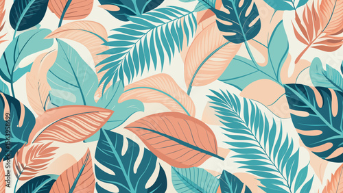 Seamless Botanical Tropical Leaf Pattern in Hand-Drawn Pastel Style
