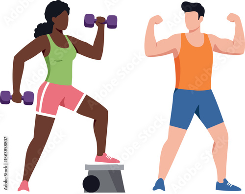 Fitness training with dumbbells and step platform for healthy lifestyle and muscle building exercise vector illustration