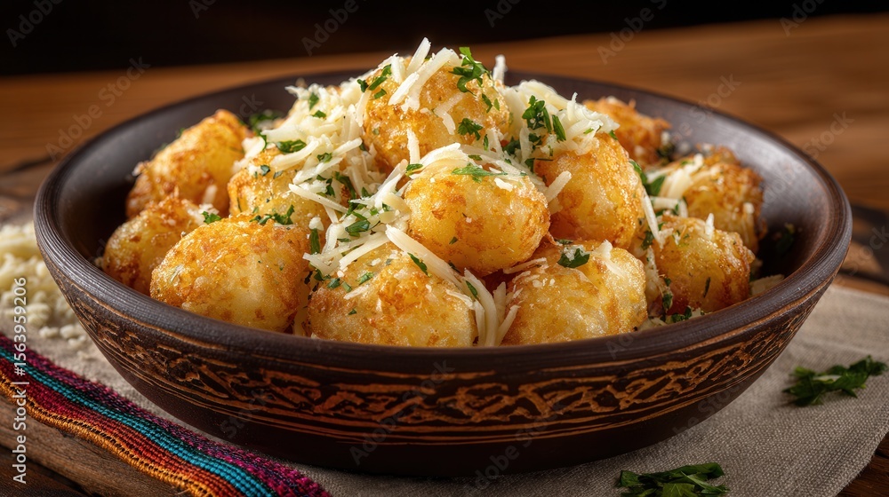 Crispy parmesan tater tots garnished with fresh herbs in rustic bowl. Crispy parmesan tater tots garnished with fresh herbs in rustic bowl.