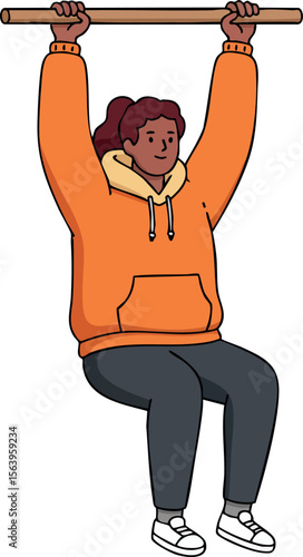 Woman hanging from horizontal bar exercising strength and fitness in casual hoodie and pants natural lifestyle vector illustration