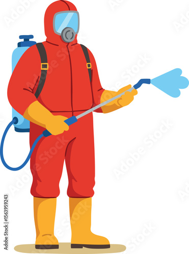 Worker in red hazmat suit spraying disinfectant with protective mask and gloves vector illustration